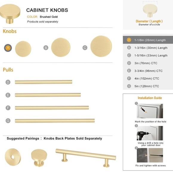 Solid Brass Round 1 1/8” Cabinet Pulls - Brushed Gold Finish (Qty. 12) - Picture 4 of 12